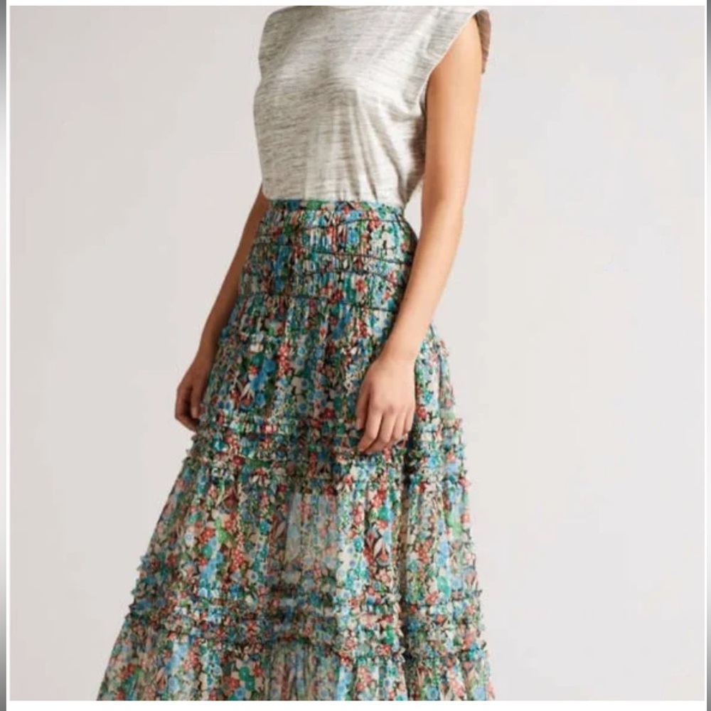 Ted baker amadea floral Boho maxi skirt US 8 tiered flowy chiffon ruched waist